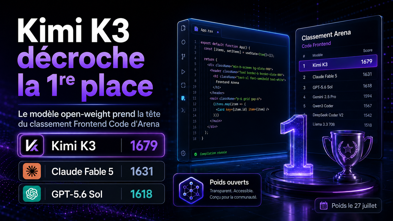 Kimi K3 bat Claude et GPT-5.6 sur le code frontend